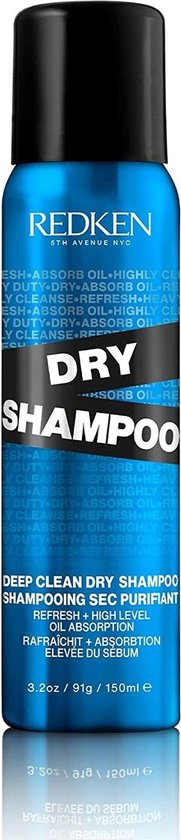 Blauwe spuitbus Redken Deep Clean Dry Shampoo met zwarte dop, op witte achtergrond met reflectie.