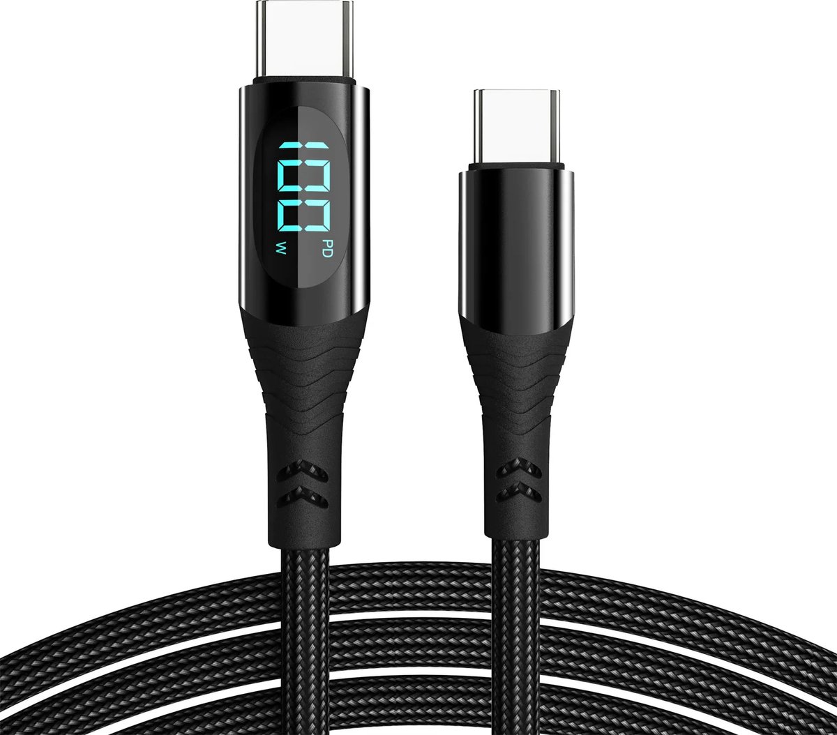DrPhone TITAN8 USB C naar USB C Nylon Gevlochten Kabel met LED Display - 100W PD 5A Snel opladen – 480 Mbps Dataoverdracht – Oplader - Oplaadkabel – 1.2 meter – Zwart