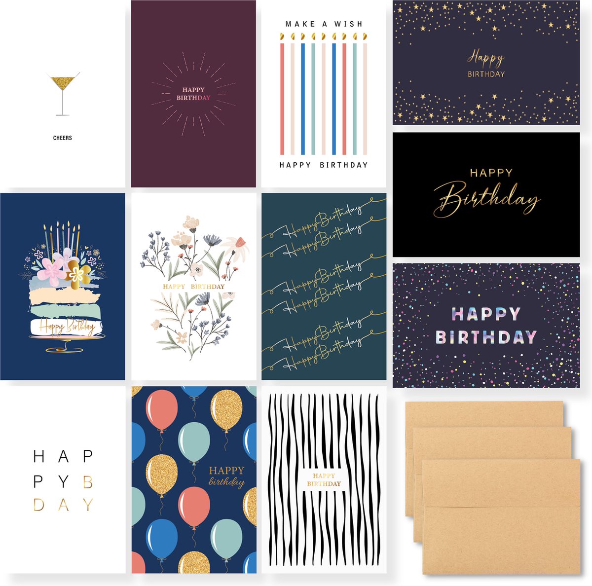 Partizzle 36x Luxe Verjaardagskaarten Set - Met Kraft Enveloppen - Verjaardagskaart Versturen - Volwassenen - Duurzaam - 15x10 cm / Chic Celebration op Prijzenvolger.com