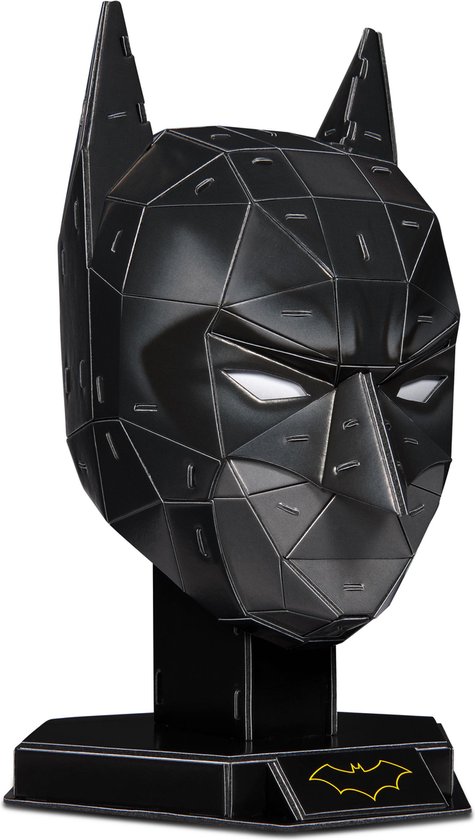 Zwarte Batman-masker puzzel op zwarte standaard met Batman-logo.