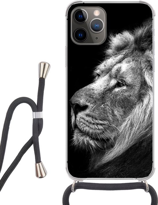 Étui de téléphone adapté à iPhone 11 Pro - Lion sur fond noir en noir et blanc - Siliconen - Bandoulière - Coque arrière avec cordon - Étui de téléphone avec cordon - Étui avec corde Étui de téléphone