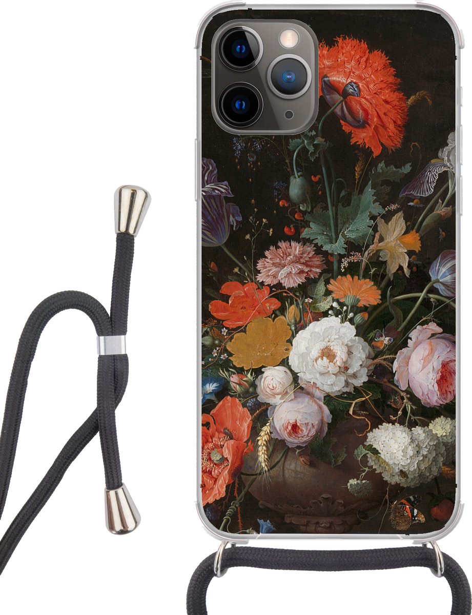Telefoonhoesje Geschikt voor iPhone 13 Pro - Stilleven met bloemen en een horloge - Schilderij van Abraham Mignon - Siliconen - Crossbody - Backcover met Koord - Telefoonhoesje met koord - Hoesje met touw Telefoonhoesje