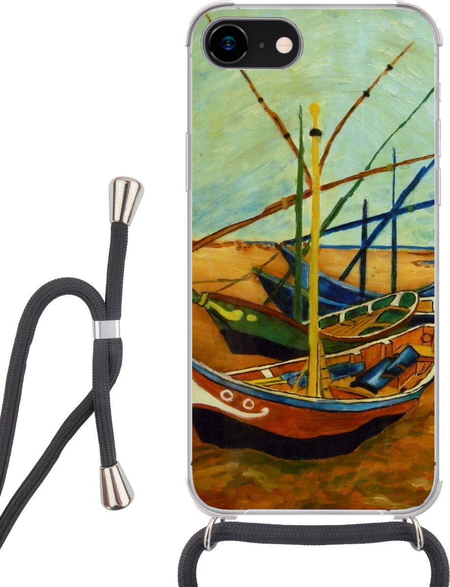 Telefoonhoesje Geschikt voor iPhone 8 - Vissersboten op het strand - Vincent van Gogh - Siliconen - Crossbody - Backcover met Koord - Telefoonhoesje met koord - Hoesje met touw Telefoonhoesje