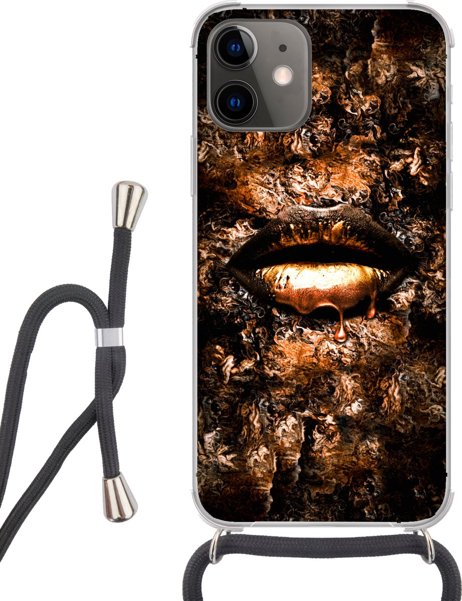 Telefoonhoesje Geschikt voor iPhone 12 Mini - Vrouw - Lippen - Koper - Siliconen - Crossbody - Backcover met Koord - Telefoonhoesje met koord - Hoesje met touw Telefoonhoesje