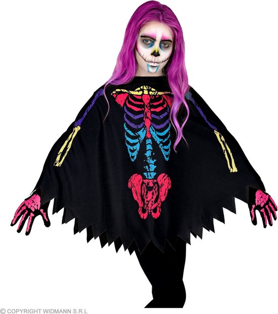 Widmann - Spook & Skelet Kostuum - Warmbloedig Skelet Poncho Kind - Zwart - One Size - Halloween - Verkleedkleding
