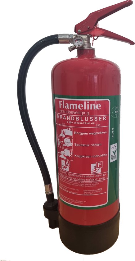 Brandblusser Flameline 6 liter, schuim Fluor vrij, brandklasse ABF. Rood met zwarte slang en manometer.