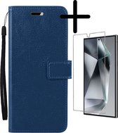 Hoes Geschikt voor Samsung S24 Ultra Hoesje Bookcase Hoes Flip Case Book Cover Met Screenprotector - Hoesje Geschikt voor Samsung Galaxy S24 Ultra Hoes Book Case Hoesje - Donkerblauw