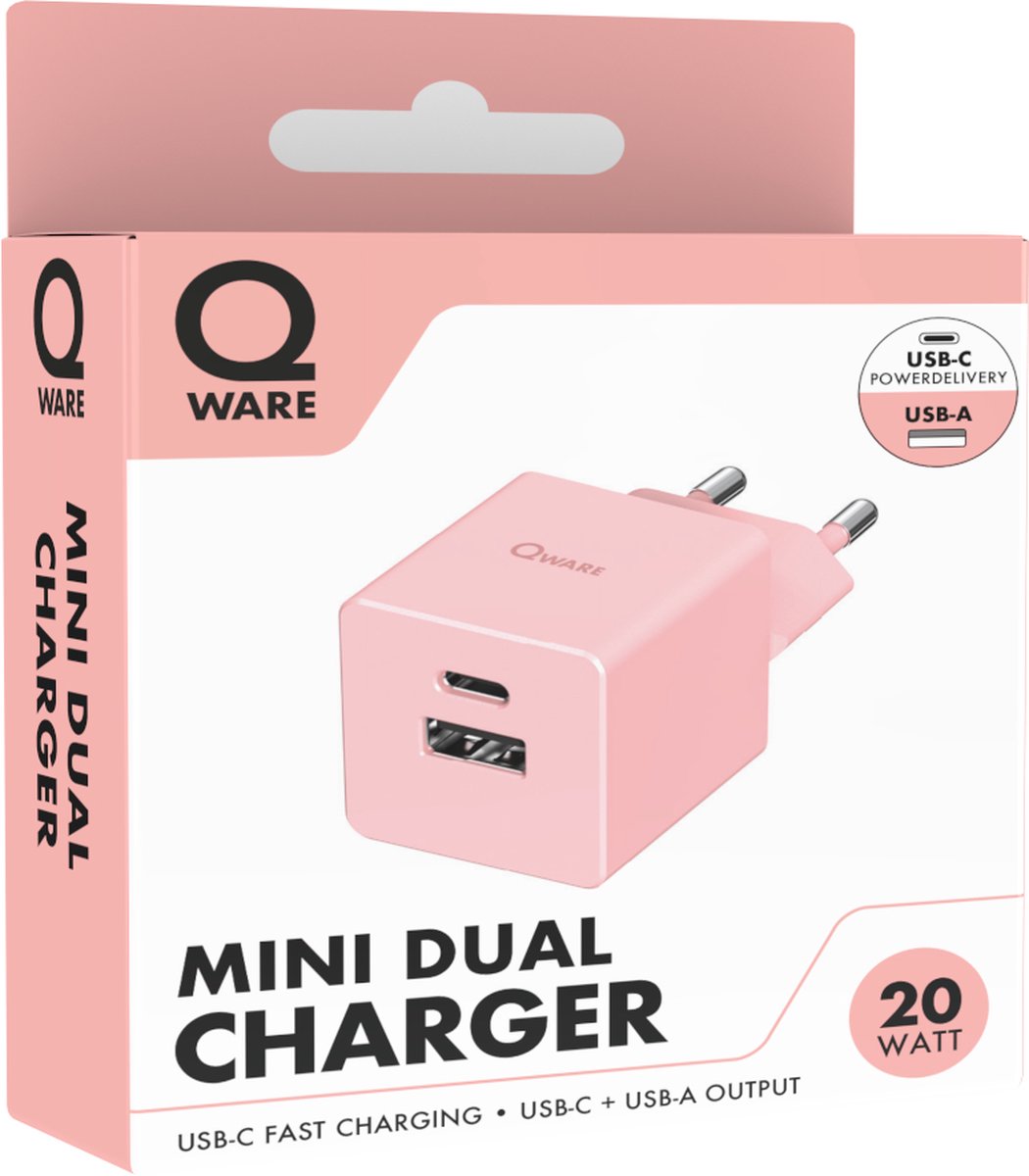 Qware - Mini Dual Charger - Iphone Oplader - Power Delivery - 20 Watt - USB-A - USB-C - Adapter - Oplader - Roze