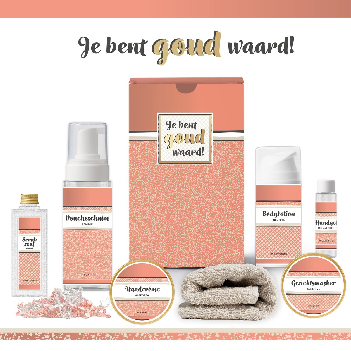 Goedkoopste Geschenkset “Je Bent Goud Waard!” - 7 producten - 650 gram | Luxe Cadeaubox voor haar - Wellness Pakket Vrouw - Giftset Vriendin - Moeder - Cadeaupakket Collega - Cadeau Zus - Verjaardag Oma - Moederdag - Kerstpakket - Kerst Cadeau - Goud - Zalmroze