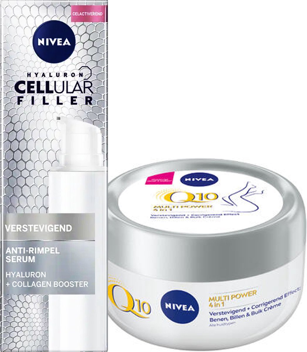 NIVEA set in een handig tasje: celLular Expert Filler Anti-Age Serum met hyaluronzuur en collageenbooster 40 ml en Q10 plus Verstevigende Bodycrème- 300ml