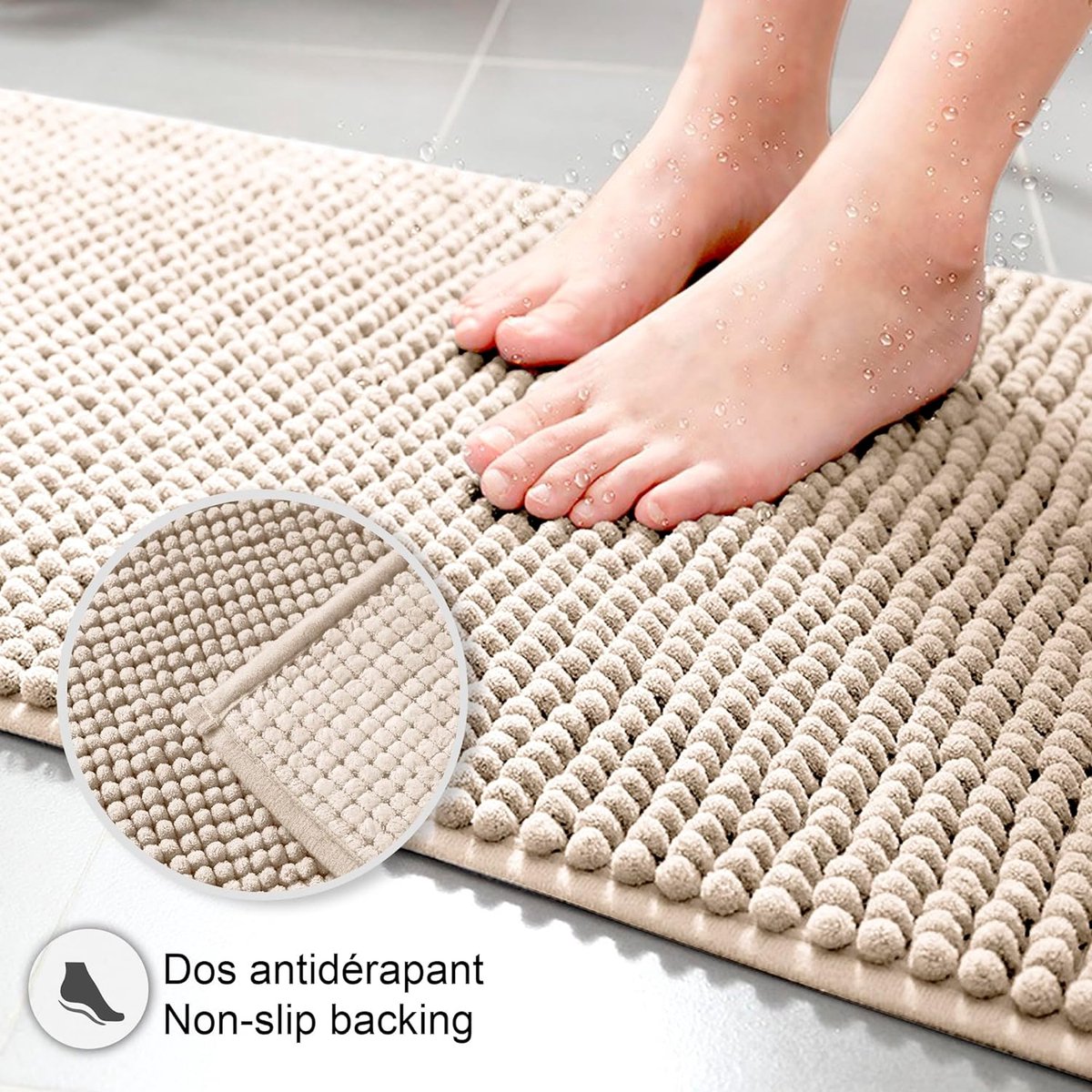 Badmat Anti-Slip av soft Chenille | Super absorberend en machinewasbaar | Te combineren als badmat set | Voor de badkamer, douche, bad of als WC mat | Beige - 70x120 cm
