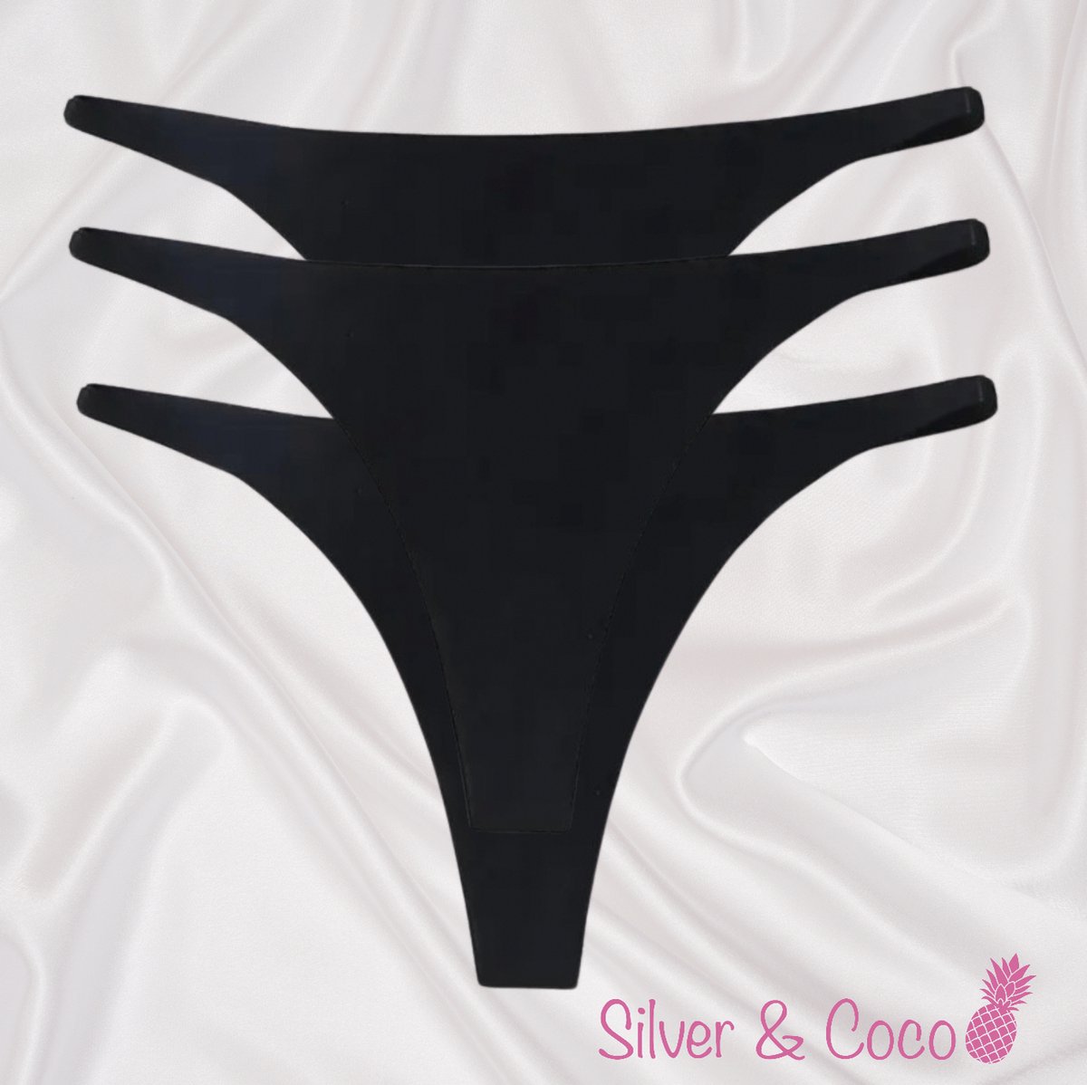 SilverAndCoco® - 3 Stuks Naadloze Strings / Seamless Onderbroek String Dames / Zacht Brazilian Slipje / Naadloos Stretch Ondergoed Vrouw / Strings Dames Lingerie Broekje Slip Black - Zwart / Small
