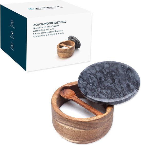 Dan&Co Acacia houten zoutkelder met ingebouwde lepel en marmeren deksel