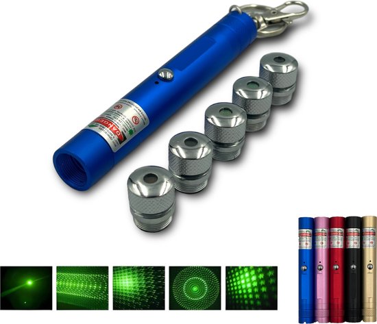 Foto: Green laserpointer keychain blauw aluminium behuizing met groene sterke laserstraal en 5 verschillende figuren dopjes usb oplaadbaar