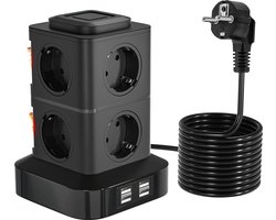 StayPowered Stekkertoren - Jouw Ultieme Stroomoplossing met 8 Stopcontacten en 4 USB Poorten - Ingebouwde Veiligheidsfuncties - 3m Flexibele Lange Snoer - Aan/Uit Schakelaar - Anti Slip Bodem - Zwart - Levering Sneller dan Aangegeven!