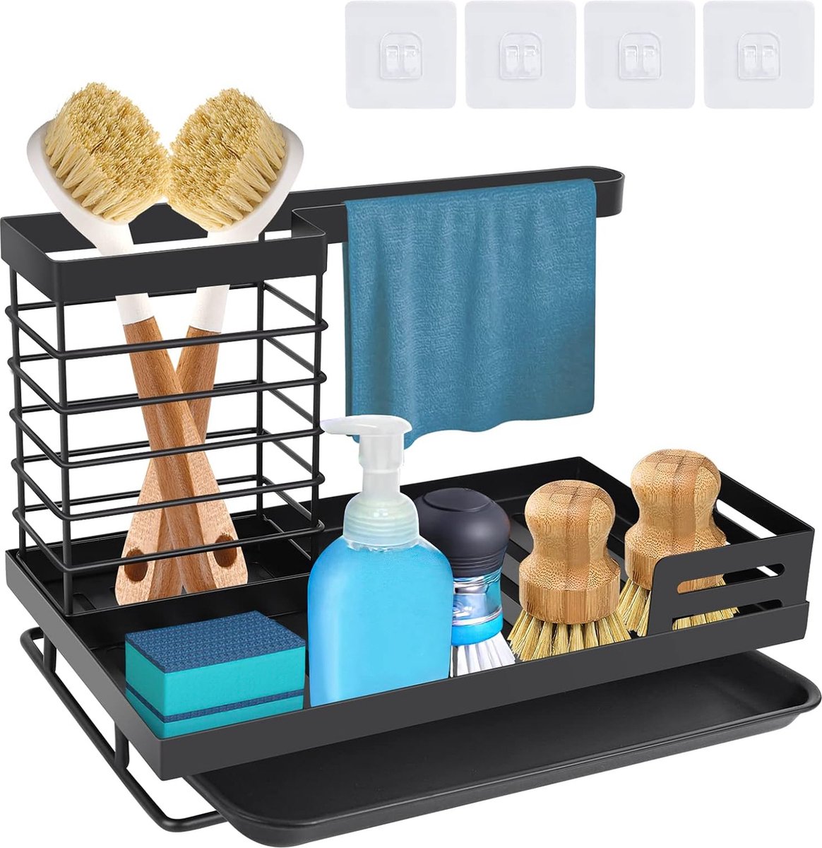 gootsteenorganizer, gootsteenorganizer, gootsteenorganizer, zwart roestvrij staal, keukenorganizer, wastafel organizer, met afneembare afvoerpan en stickers, voor keuken en badkamer