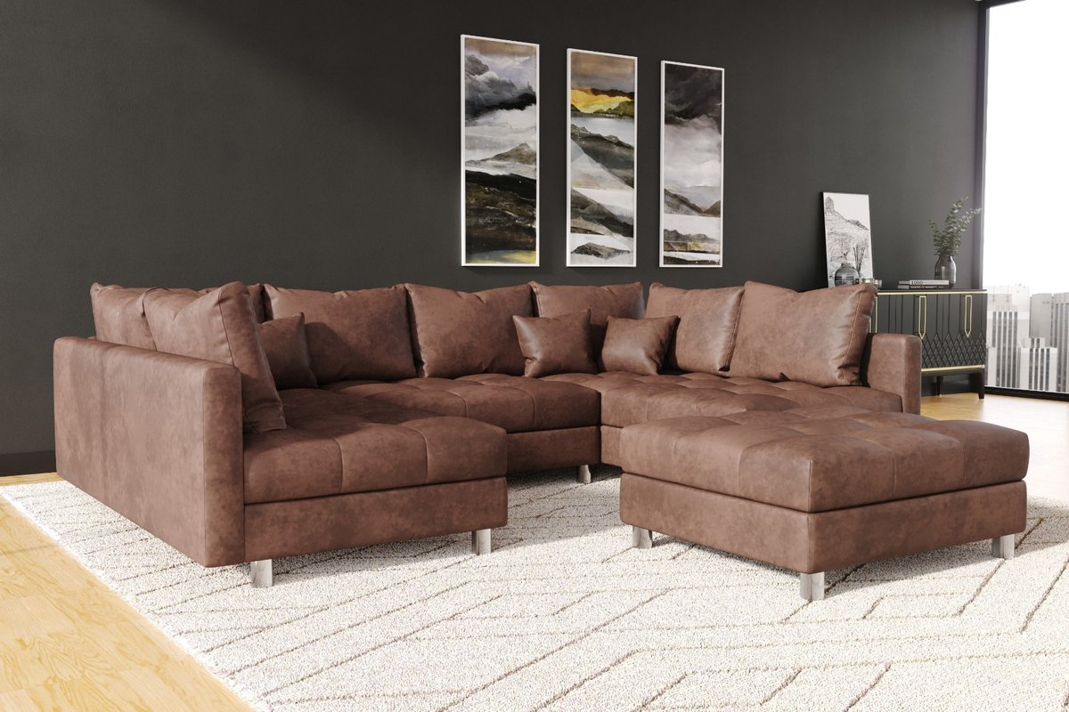 hoekbank kent U- vintage bruin- met poef (hocker)- hoeksalon kent wooneiland- zetelsenbedden