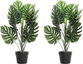 2x Groene Monstera/gatenplanten kunstplanten 80 cm in zwarte plastic pot - Kamerplant kunstplanten/nepplanten