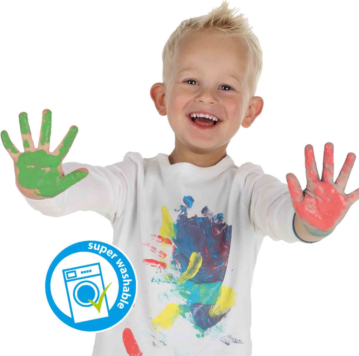 SES Creative - My First - Vingerverf set met Kliederschort - 4 kleuren Vingerverf (4x110ml) met Verfschort en Papier - Goed Uitwasbaar – Glutenvrij – Speelgoed 1 tot 4 jaar — afbeelding 4