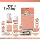 Geschenkset “Happy Birthday!” - 8 producten - 720 gram | Luxe Cadeaubox voor haar - Wellness Pakket Vrouw - Giftset Vriendin - Moeder - Cadeaupakket Collega - Cadeau Zus - Verjaardag Oma - Gefeliciteerd Cadeau - Goud - Zalmroze