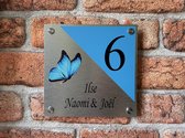 Plaque signalétique de porte d'entrée papillon bleu aspect inox