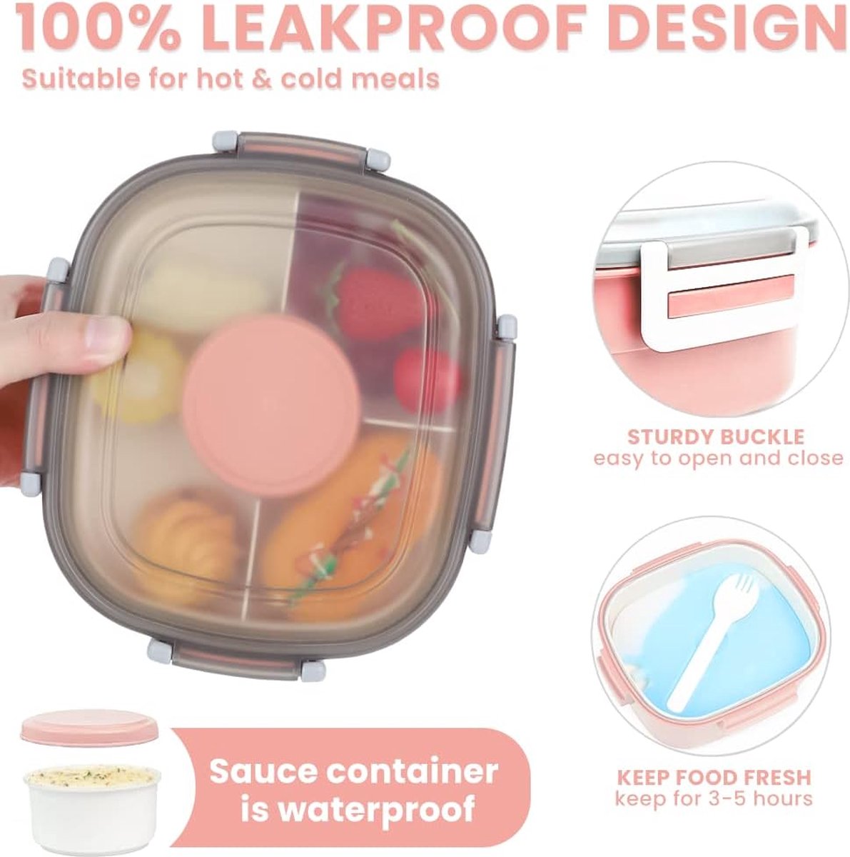 Lunchbox met Compartimenten 1600ML Lunchbox voor kinderen Volwassenen Saladecontainer Saladebox to go Lekvrije Bentobox Snackbox met 4 Compartimenten Slakom voor Schoolkantoor