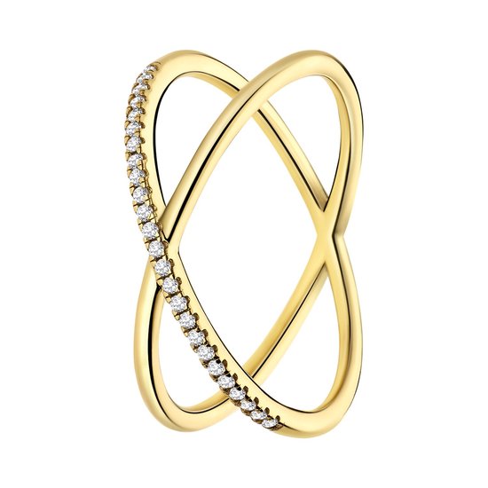 Lucardi Dames Zilveren goldplated ring gekruist met zirkonia - Ring - 925 Zilver - Goudkleurig - 17 / 54 mm