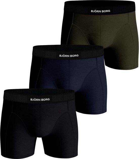 Björn Borg Cotton Stretch boxers - heren boxers normale lengte (3-pack) - zwart - blauw - olijfgroen - Maat: XS