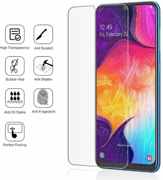 Screenprotector met iconen voor hoge transparantie, anti-kras, anti-barsten, anti-vuil en anti-vingerafdruk, naast smartphone.