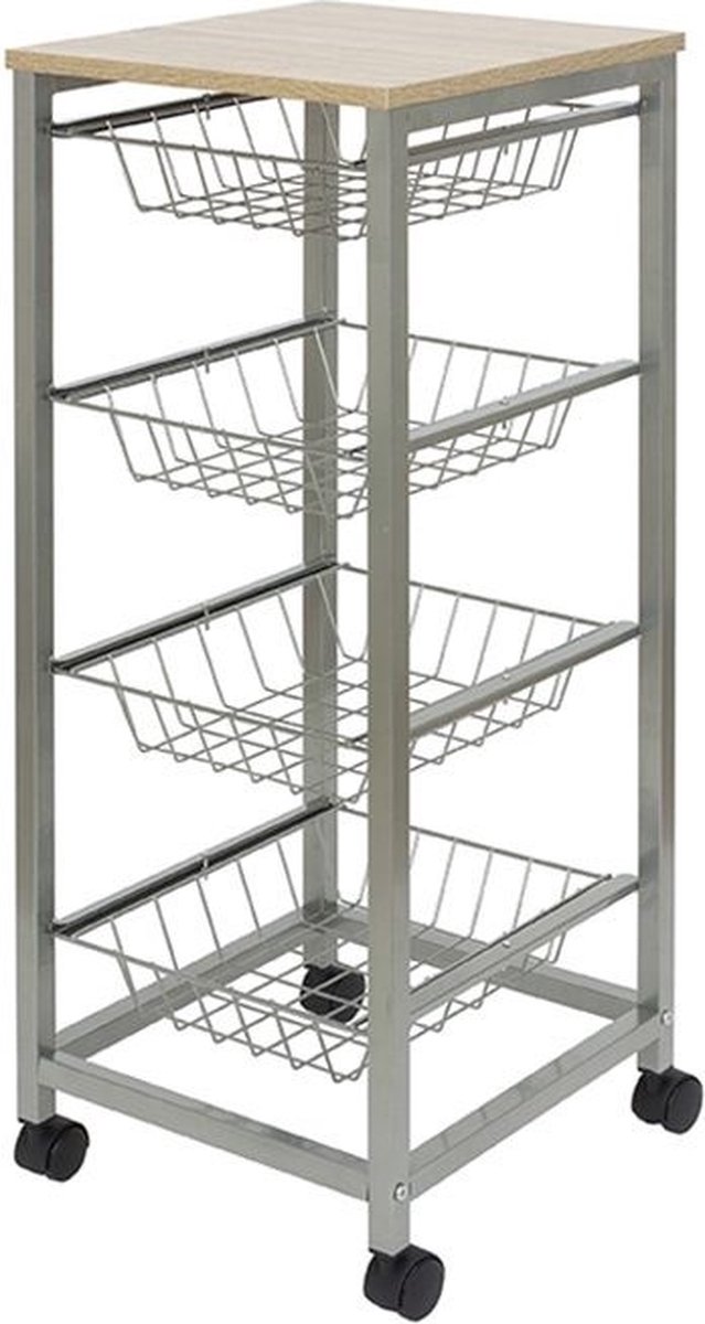 Keukentrolley op Wieltjes - 4 uitneembare manden - Zwenkwielen - Metaal-Hout-33,5 x 36 x H87,5 cm