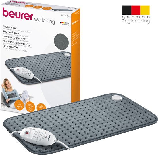 Foto: Beurer hk 123 elektrisch warmtekussen xxl heating pad 60 x 30 cm 3 warmtestanden max 65 c snelle opwarming automatische uitschakeling fleece machinewasbaar 3 jaar garantie grijs