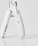 Witte PETKIT nagelknipper met LED-lampje en schuurvijl, met de knipper geopend.