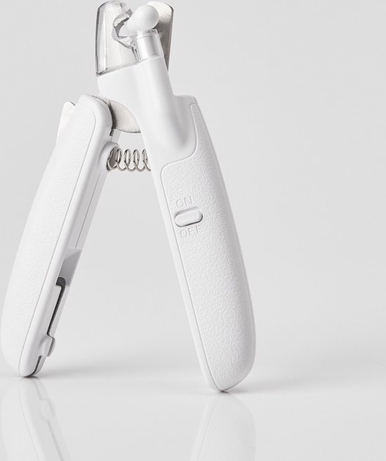 Witte PETKIT nagelknipper met LED-lampje en schuurvijl, met de knipper geopend.