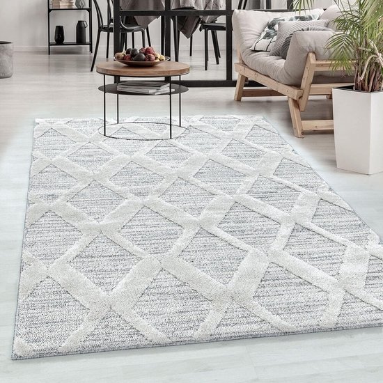 Flycarpets Sofia Vloerkleed Geruit - Crème / Grijs - Laagpolig Tapijt Woonkamer - 280x370 cm