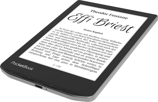Grijze PocketBook e-reader met de titel 'Effi Briest' en de eerste hoofdstuktekst.