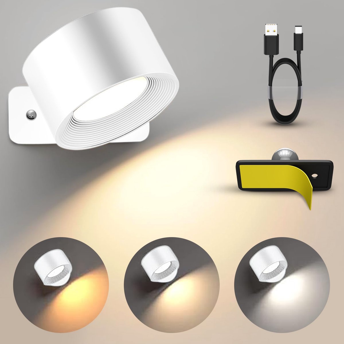 Luminize® Oplaadbare Wandlamp op Batterijen Draadloos - Dimbaar - Wandlamp op Accu - Nachtlampje - USB Oplaadbaar - Wit