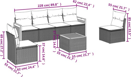 Afmetingen van een 4-zitsbank, 1-zitsbank en salontafel in poly rotan met kussens.