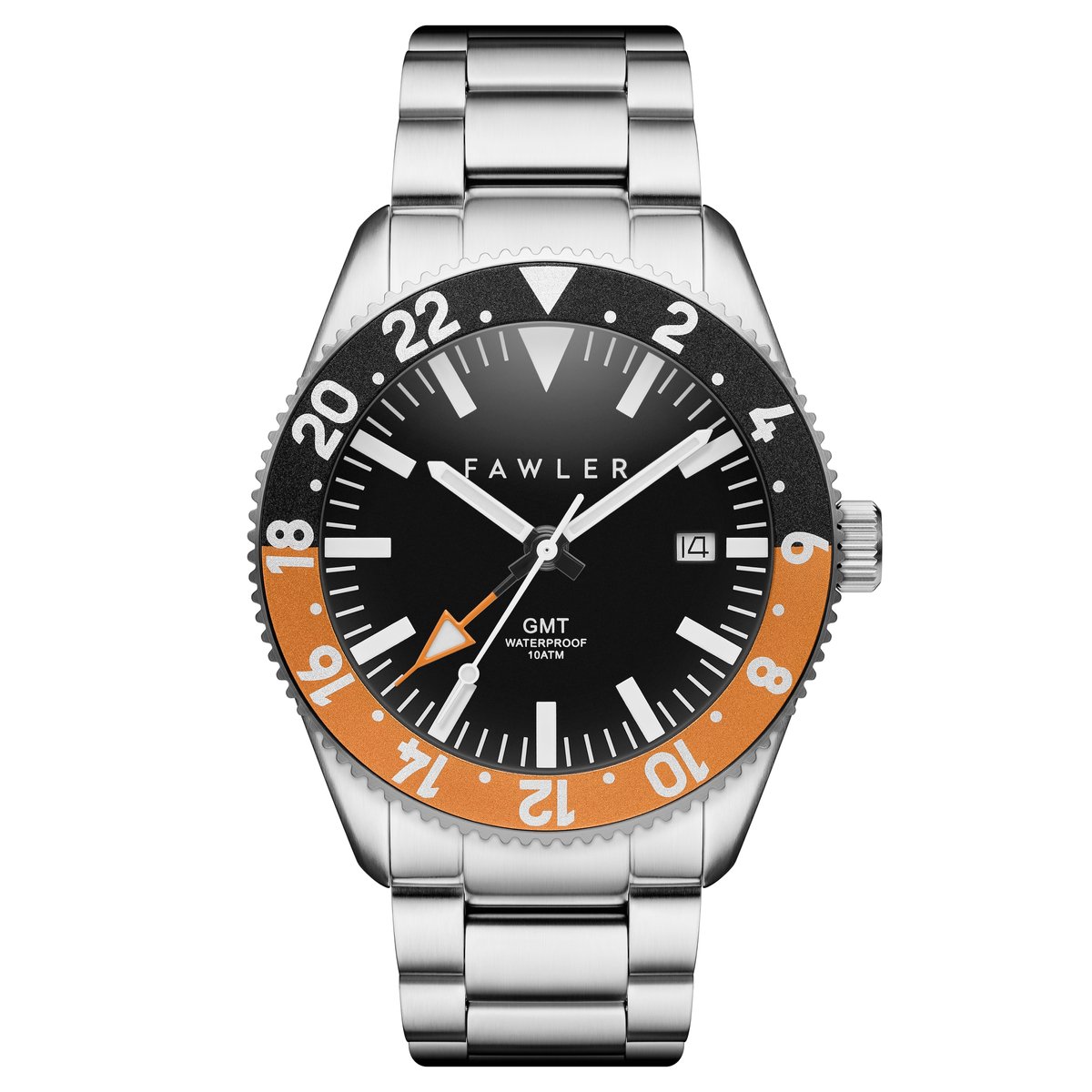 Fawler Métier Oranje Roestvrijstalen GMT Horloge voor Mannen