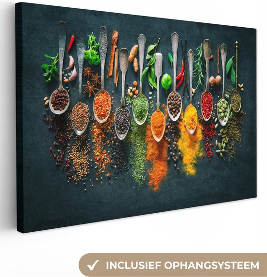 Peinture sur toile 90x60 cm - Décoration murale Cuillères - Herbes - Coloré - Épices - Accessoires de Décoration murale - Décoration murale de Cuisine - Peintures sur toile