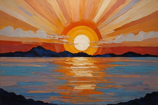 Coucher de soleil style Art Nouveau - Peintures sur toile Art Nouveau - Peinture sur toile soleil - Peinture rurale - Peinture sur toile salon - Oeuvre - 100 x 75 cm 18mm