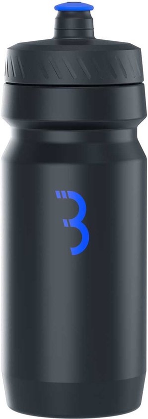 Zwarte bidon met blauw '3' logo en blauwe dop.