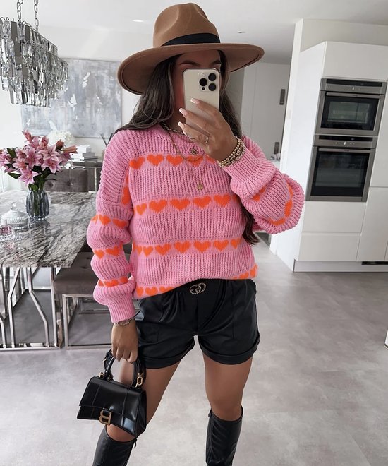 Hartjes trui Roze oranje Gebreide trui Hartje Warme sweater Ronde hals . bol