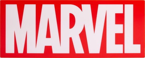 Marvel logo, rood met witte letters, verlicht.