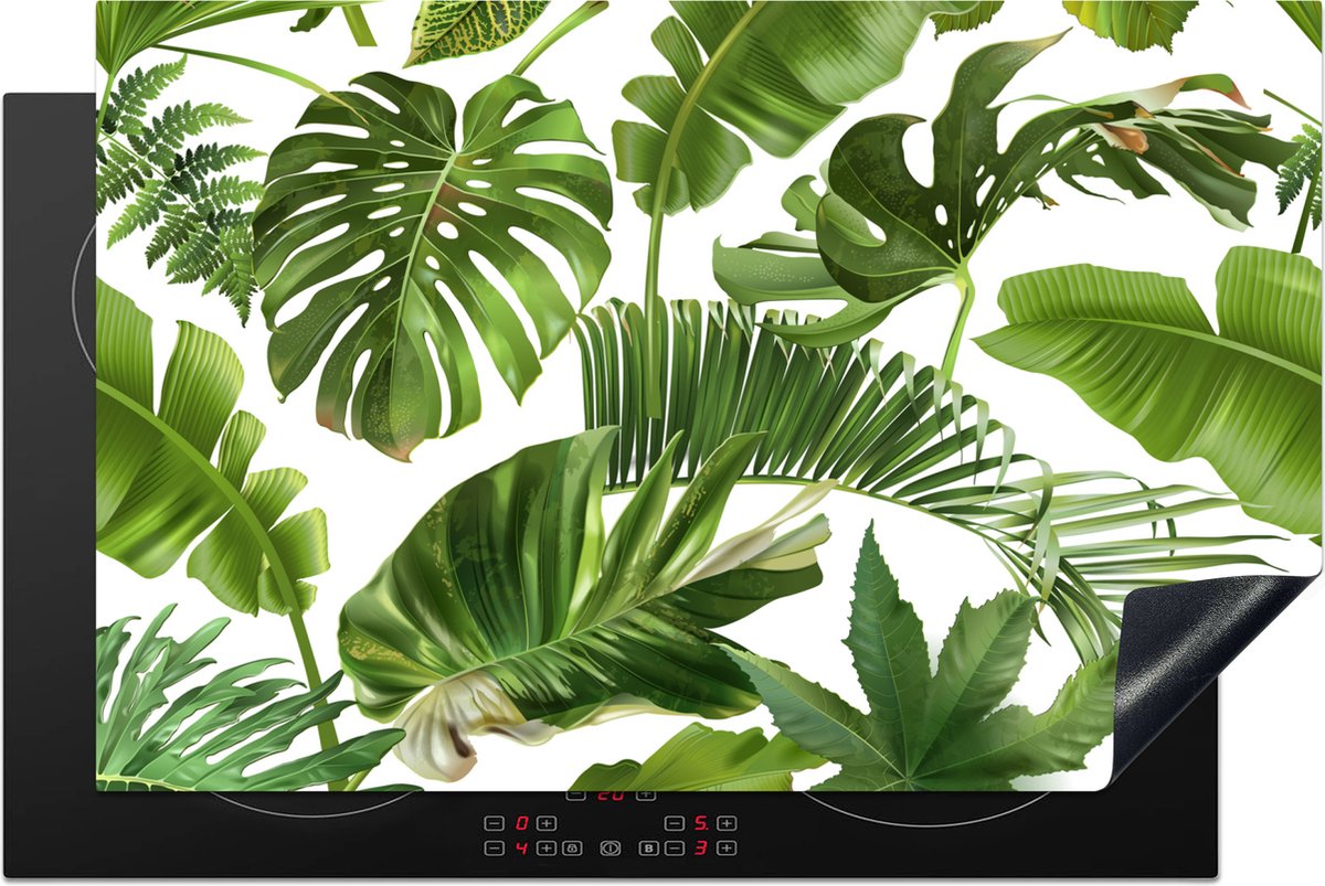 KitchenYeah® Inductie beschermer 81.6x52.7 cm - Bladeren - Wit - Patroon - Meisjes - Kinderen - Jongens - Kids - Kookplaataccessoires - Afdekplaat voor kookplaat - Inductiebeschermer - Inductiemat - Inductieplaat mat