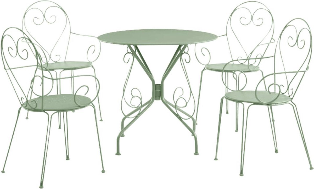 MYLIA Metalen tuineetset met smeedijzer aspect: een tafel en 4 stoelen - amandelgroen - GUERMANTES L 80 cm x H 89 cm x D 80 cm