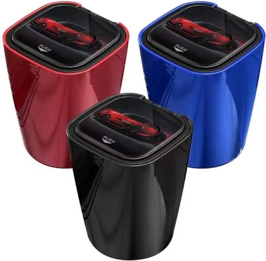 Set van drie auto-asbakken in zwart, rood en blauw, elk met een rode sportauto op het deksel.