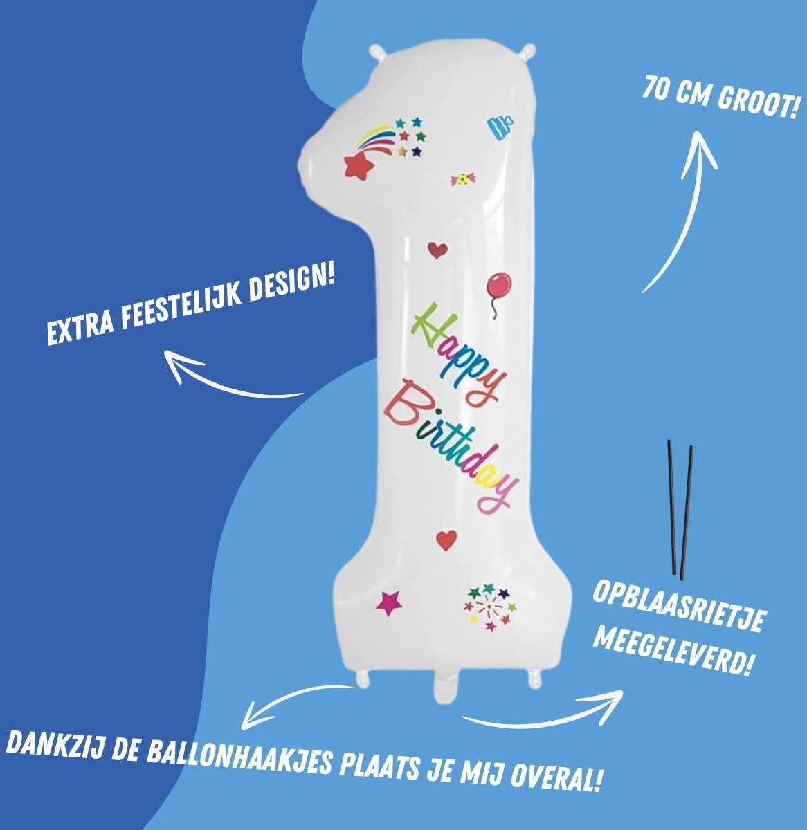 Folieballon Cijfer 1 Jaar Verjaardag Versiering Cijferballon Happy Birthday Decoratie Helium Ballonnen Folie Wit - Xl — afbeelding 2