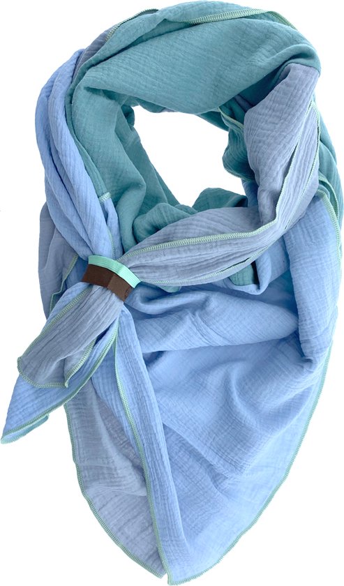 LOT83 Sjaal Kim - Vegan leren sluiting - Omslagdoek - Ronde sjaal - Blauw, groen, grijs - 1 Size fits all