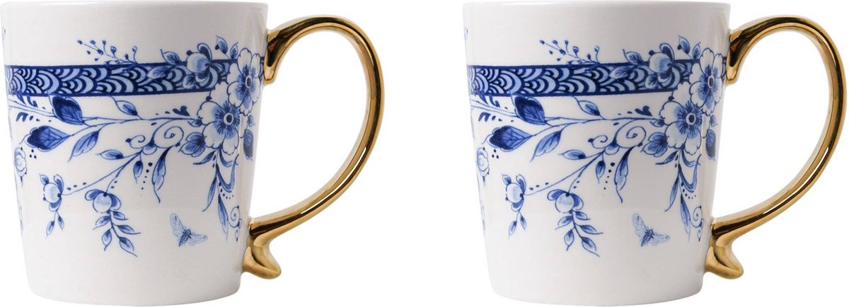 Heinen Delfts Blauw mok met oor bloemen set van 2 met gouden oor - 300 ml