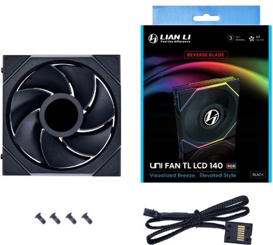 Lian Li UNI FAN TL 140 Reverse Black - Ventilatorhuis - 120mm - 64 CFM - 350 - 1600 RPM - 29.4 dBA - FDB - 4-pin PMW - 1.6" LCD Scherm 400x400 - zwart